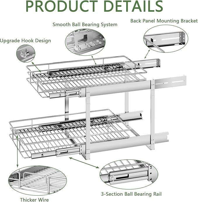2 Tier Individual Pull Out Cabinet Organizer 13½" W x 18" D, Heavy Duty Cabinet Pull Out Shelves, Slide Out Drawers Organization for Kitchen Cabinets Bathroom - Image 7