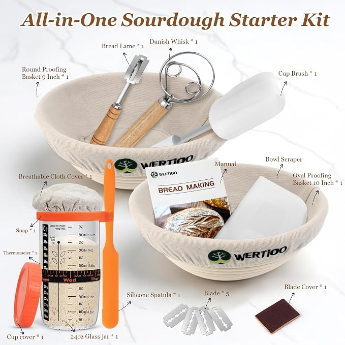 Sourdough Bread Baking Supplies, Sourdough Starter Kit, 2 9 Inch Round Banneton Bread Proofing Basket with 24 Oz Glass Jar, Sour Dough Tools with Danish Dough Whisk & Scraper - Image 3