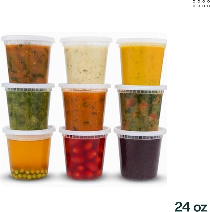 24oz [50 set] Heavy Duty Plastic Deli Container | BPA-Free Food Storage with Airtight Leak‑Proof Lids | Microwave, Freezer & Dishwasher Safe – Stackable, Bulk Reusable Soup & Meal Prep Tub - Image 6