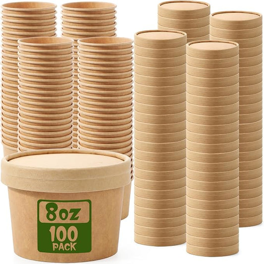 Fulmoon 100 Pack Paper Soup Containers with Lids Disposable Paper Food Containers with Vented Lid Kraft Ice Cream Cake Dessert Cups Soup Bowl for Party Hot Food Fruit Microwave (8 oz,Brown) by Fulmoon