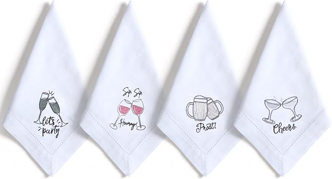 Bedding Craft Cotton Cloth Dinner Napkins Set of 12 – 18x18 Embroidered Motif with Decorative Hemstitch – Machine Washable Fabric Napkins for Weddings, Baby Showers, Christmas & Parties by BeddingCraft