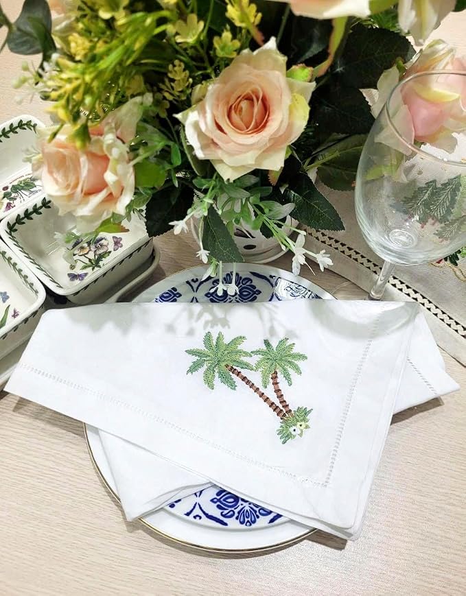 Embroidered Cloth Napkin Palm Tree Cotton Napkins Set of 6, 20 x 20 Hemstitch Table Napkins, Machine Washable, for Daily & Holiday Dining, Great Gift Ideas - Image 5