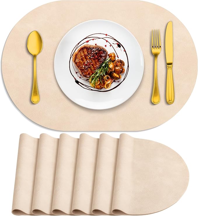 ADRIMER Placemats, Heat Resistant Oval Placemats Set of 6 Washable 12 x 17 Inch, Waterproof Table Mats, Wipeable Pu Place Mats for Kitchen, Dining Room, Beige by Adrimersdreamistobeanindispensablecompanioninyourlife