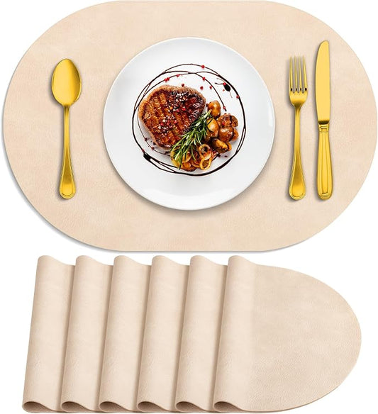 ADRIMER Placemats, Heat Resistant Oval Placemats Set of 6 Washable 12 x 17 Inch, Waterproof Table Mats, Wipeable Pu Place Mats for Kitchen, Dining Room, Beige by Adrimersdreamistobeanindispensablecompanioninyourlife