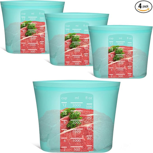 Reusable Food Storage Bags Extra Large, 0.8 Gallon/101 fl.oz/3000 ml, 4 Pack 100% Silicone Food Storage Bags Stand-Up Wide-Mouth Zip-Lock for Large Items, Freezer Microwave Oven Dishwasher Safe, Aqua by Annaklin