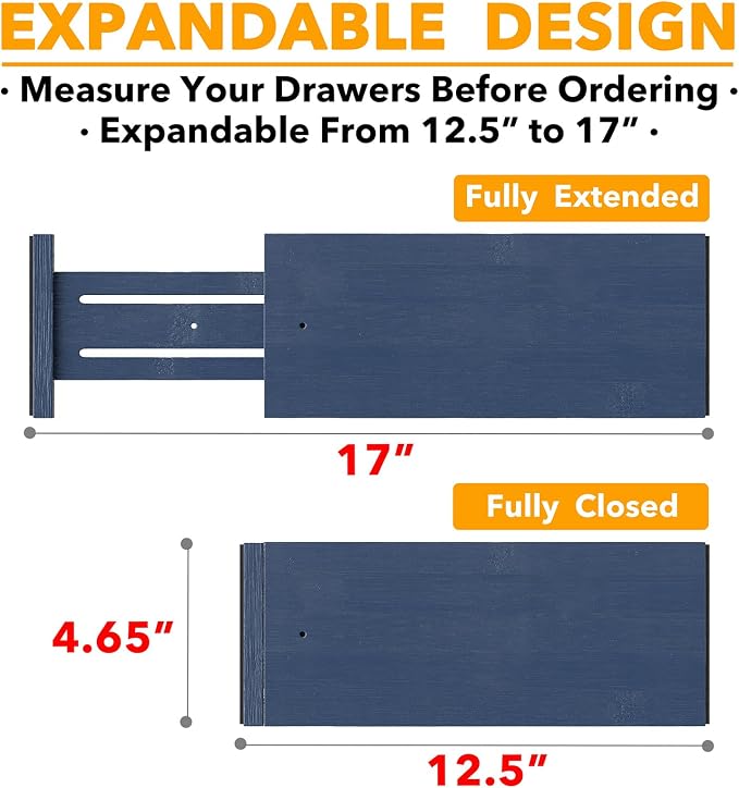 SpaceAid Bamboo Dresser Drawer Dividers 6 Pack, 4.65“ High Adjustable 12.5“-17” Drawer Organizers, Expandable Organization for Clothing, Clothes, Dressers, Navy Blue - Image 3