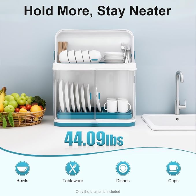 2 Tier Dish Drying Rack with Lid Cover Kitchen Counter Organizer with Drainboard & Cutlery Holder Space Saving for Small Kitchen - Image 5