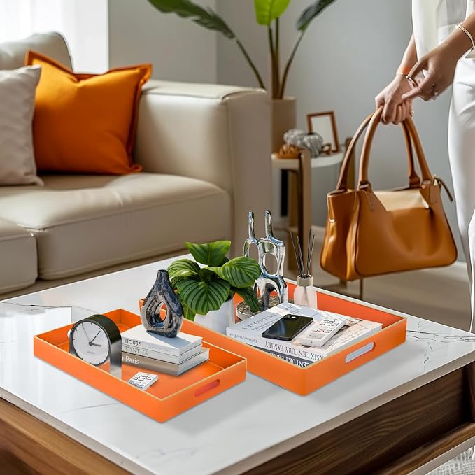 Orange Serving Tray with Handles, Plastic Decorative Tray Set of 2 | Decorative Tray for Coffee Table, Modern Ottoman Tray, Rectangle Melamine Tray for Living Room, 15.8"L x 10.2"W x 1.4"H - Image 4