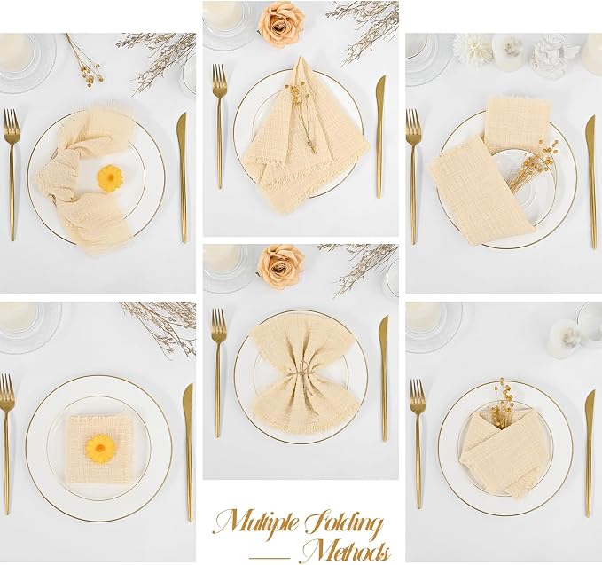 50 Pack Beige Cloth Napkins, 16 x 16 Inch Cotton with Fringe Settings | Handmade washable reusable cotton dinner napkins in bulk for weddings, parties, rustic boho table settings - Image 3
