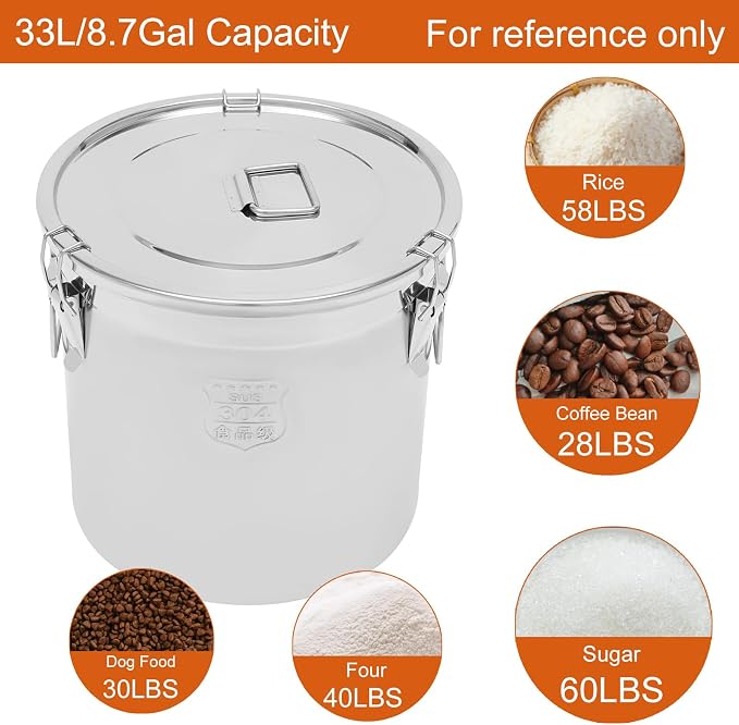 DYNAMI 8.7Gal 304 Stainless Steel Airtight Container with Lid and Locking Clamp,28-60Lbs Metal Bucket Large Food Storage Container Stainless Steel Milk Can,for Rice, Flour,Oil,Soup(33L) - Image 2