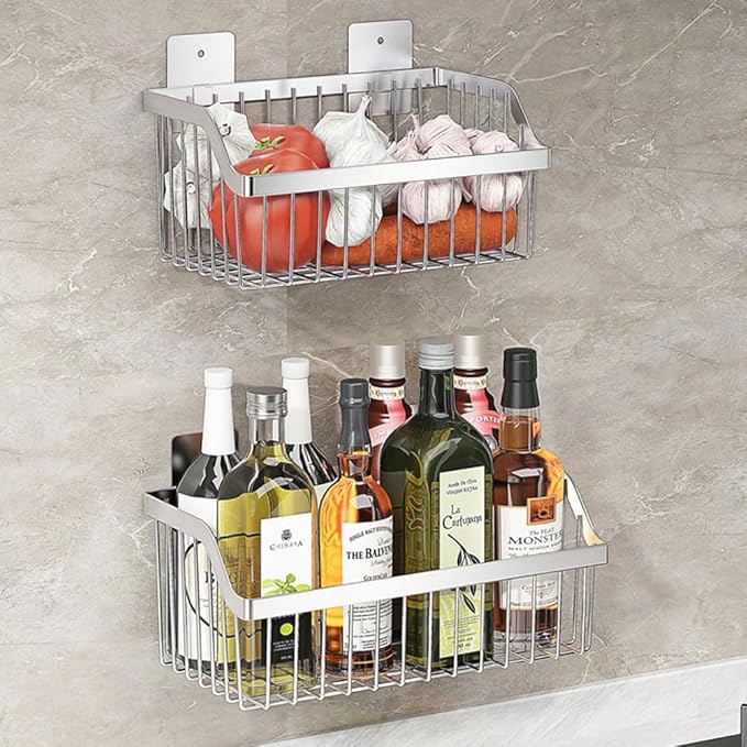 SUS304 Stainless Steel Wire Basket, Hanging Wall Organizer Cabinet Storage Basket, Wall Mounted Shelves for Home Kitchen Bathroom, 2-Pack - Image 6