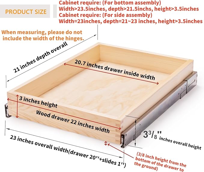 23”W x 21”D x 3”H Soft Close Slide Out Wood Drawer Organizer for Kitchen, Bottom and Side Assembly (Cabinet Opening>23.5 inches for Bottom Assembly, Opening= 23 inches for Side Assembly) - Image 3
