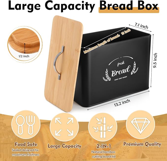 Qinyoung 2 Pcs Large Bread Box Set for Kitchen Countertop with Ceramic Butter Dish Holder Bamboo Lid Knife Metal Bread Holder Farmhouse Kitchen Storage Container for Home Housewarming Gift(Black) - Image 2