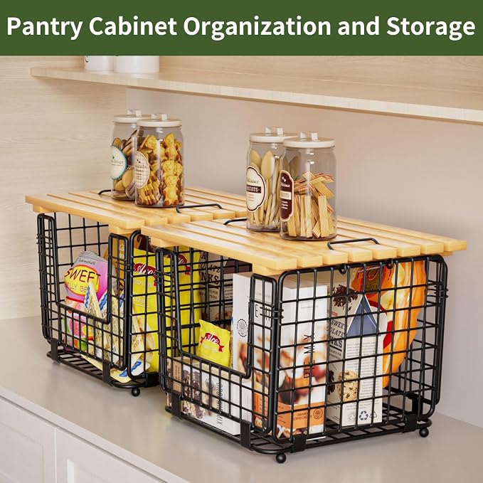 Wire Storage Basket for Kitchen Pantry: Stackable Kitchen Counter Organizers - Wire Organizing Bin for Produce Vegetable Potato and Onion Black - Image 2