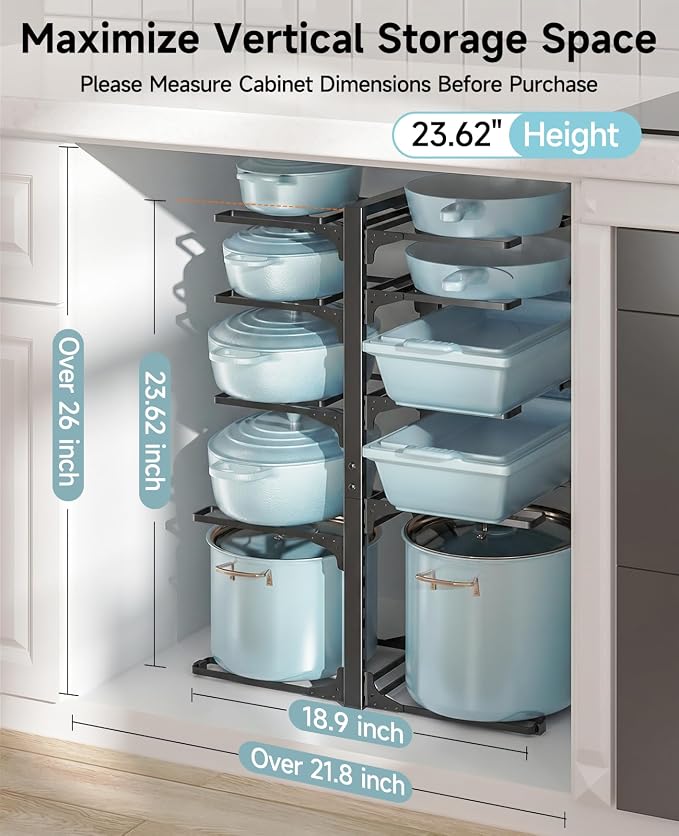MUDEELA 10-Tier Pots and Pans Organizer Rack, 23.62" H for Cast-iron Pans | Adjustable heavy-duty pot rack, Holds big stockpots, cookware & skillets, Fits under cabinet on countertops, Kitchen storage - Image 2