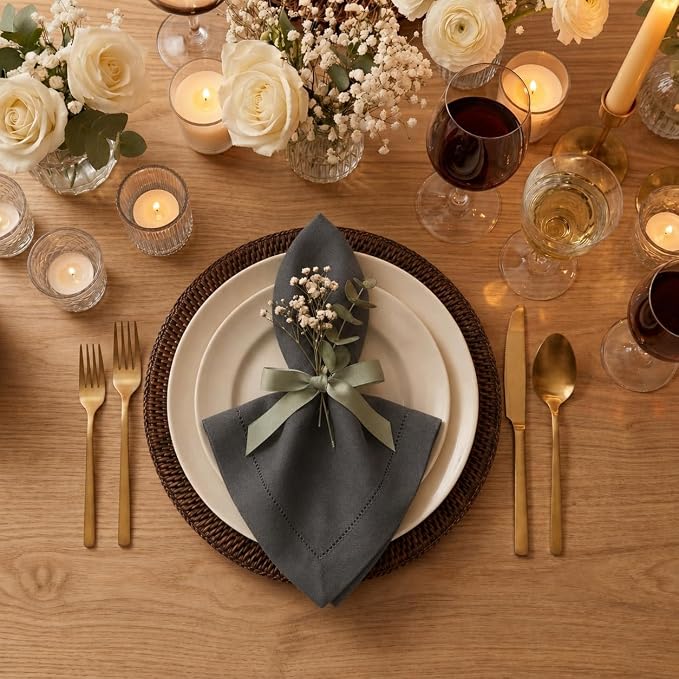 Signature Linen™ by D'Moksha Charcoal Gray Dinner Napkins Set of 4, 20 x 20 Inch Cloth Napkins, 100% Pure Linen, Hemstitch, Machine Washable Table Napkins- Summer, Weddings, Outdoor hostings - Image 2