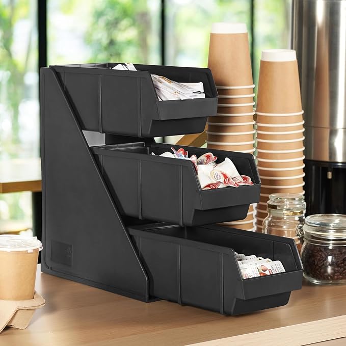 Black Self Serve Condiment Bin Stand Set, Removable Condiment Organizer with 3-Tier Stand and 3 Condiment Bins, 20" D x5.75 W x 14" H, Coffee Bar Beverage Station - Image 2