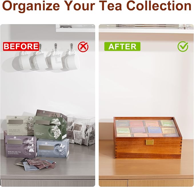 HouseJoy Wood Tea Bag Organizer: 12 Compartments with Clear Glass Lid | Acacia Wood-Large Capacity-Tea Bag Storage Holder for Countertop Kitchen Pantry-Gift For Tea Lover-Keep Tea Bag Fresh - Image 5