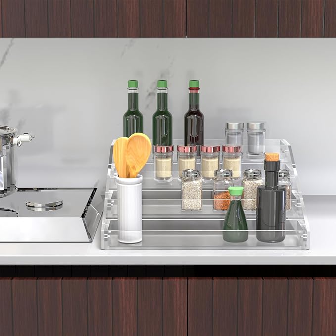 PMMASTO Widen Tiered Spice Rack, Seasoning Organizer, Clear Acrylic Vertical Shelves Can Organizer for Countertop, Cabinet, Pantry, Kitchen Organization and Storage - 4 Tier - Image 2