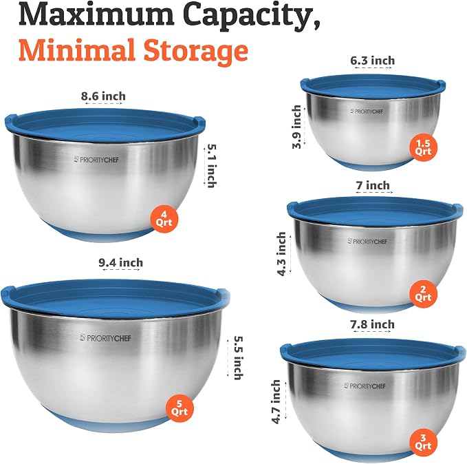 Premium Mixing Bowls With Airtight Lids Set, Thicker Stainless Steel Mixing Bowl Set, Large Prep Metal Bowls with Lids, Nesting Bowls for Kitchen, 1.5/2/3/4/5 Qrt, Blue - Image 3