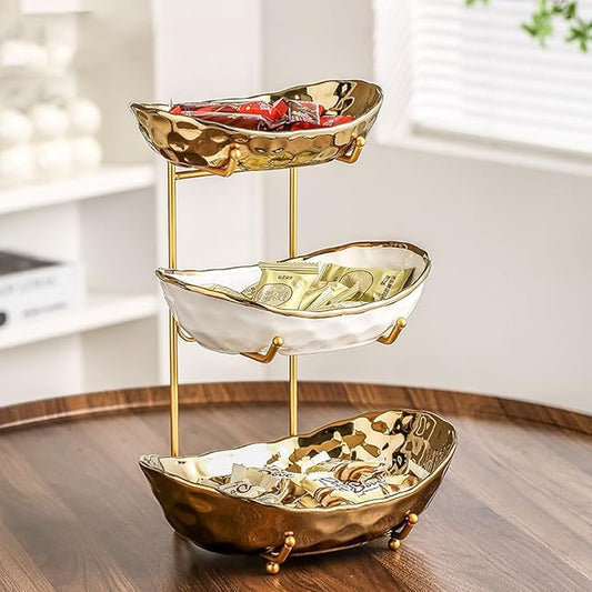 3-Tier Fruit Bowls for Kitchen Counter,Ceramic Bowl with Gold Metal Stand,3 Tier Fruit Basket for Fruit,Snack,Cake,Nuts,Dessert Storage by Afeyibu