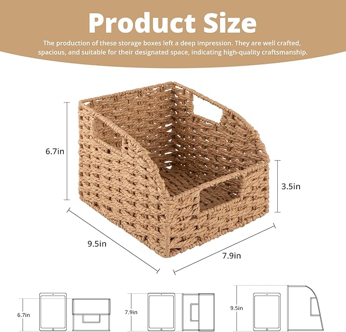 OIAHOMY Pantry Baskets for Organizing, Paper Rope Baskets with Built-in Handles, Wicker Storage Bins for Shelves, 2 Pack-Yellow - Image 3