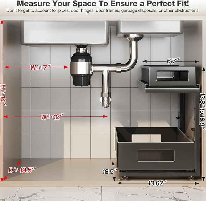2 Pack 18.5IN-Depth Under Sink Organizer With Next-Gen Ball-Bearing Slides,2-Tier Pull Out Cabinet Storage,Height Adjustable Drawer Shelf for Bathroom,Kitchen,Laundry,Cabinet,Pantry-Black - Image 2