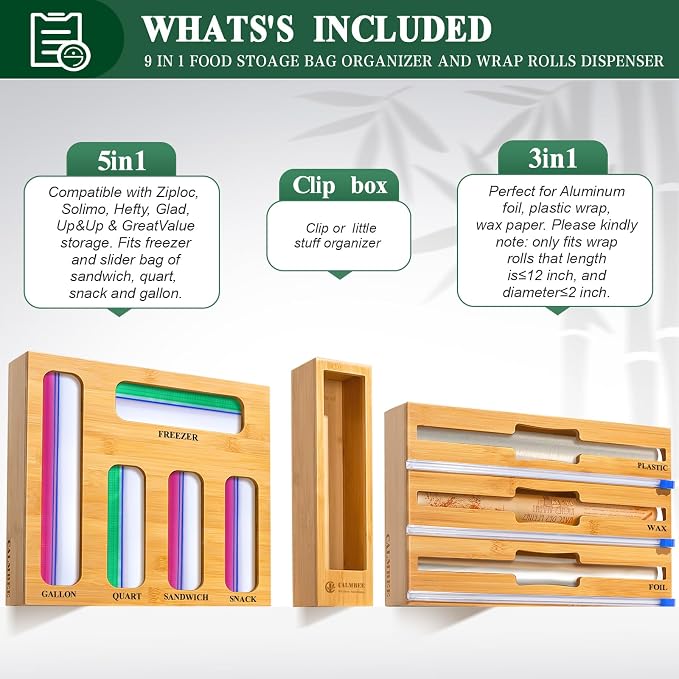 Calmbee 9 in 1 Bamboo Storage Bag Organizer for Kitchen Drawer – Plastic Wrap Dispenser with Cutter & Foil Organizer, Wooden Baggie Organizer for Sandwich, Snack, Gallon, Quart Sizes, Natural - Image 3