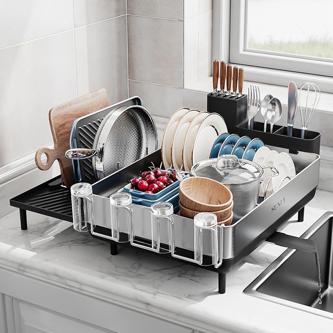 Large Dish Drying Rack, Expandable Dish Rack for Kitchen Counter, 304 Stainless Steel Space Saving Dish Drainer with Multifunctional Flip Up Pegs by SUNLYHOME
