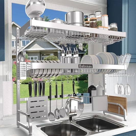 Over The Sink Dish Drying Rack,3 Tier Adjustable Length (25.5'' to 37.4'') Full Stainless Steel Large Storage Kitchen Dish Rack,For Kitchen Counter Expandable Multifunctional Organizers,Silver by Babosas