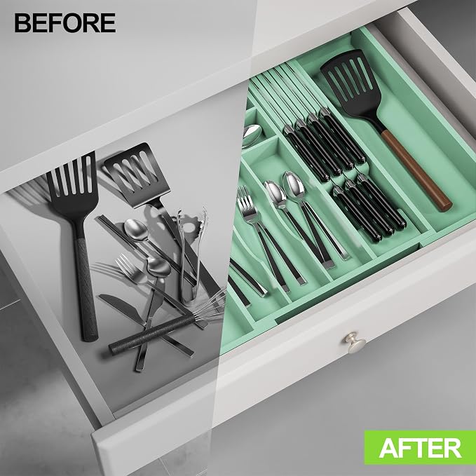 Bamboo Kitchen Drawer Organizer, Expandable Silverware Organizer with Removable Knife Block, 6-8 Slots- Utensil Holder & Cutlery Tray Drawer Dividers, 2.36" Deep for Extra Capacity, Cyan - Image 7