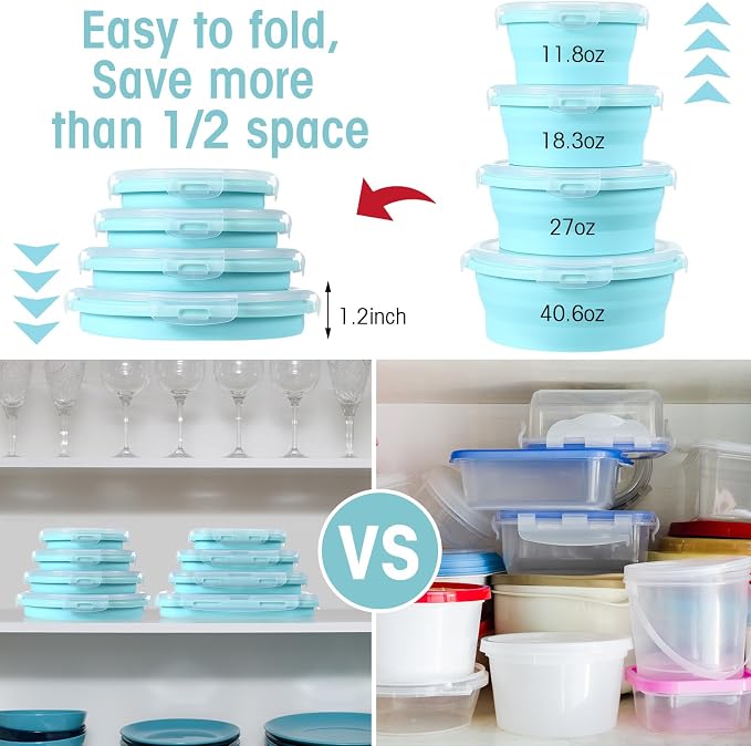 Yaomiao 16 Pack Collapsible Food Storage Containers with Lid Air Vent Foldable 8 Rectangle Storage Bowl and 8 Round Silicone Food Bow for Lunch Camping Rv Accessories Microwave Freezer(Blue) - Image 5