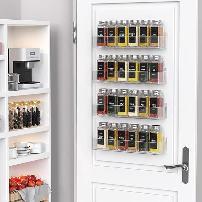 PMMASTO Adhesive Acrylic Spice Rack Organizer with 12 Empty Square Spice Jars, 238 Spice Labels with Chalk Marker and Funnel Complete Set for Kitchen Cabinet/Pantry Door (Clear - 2 Pack) - Image 4