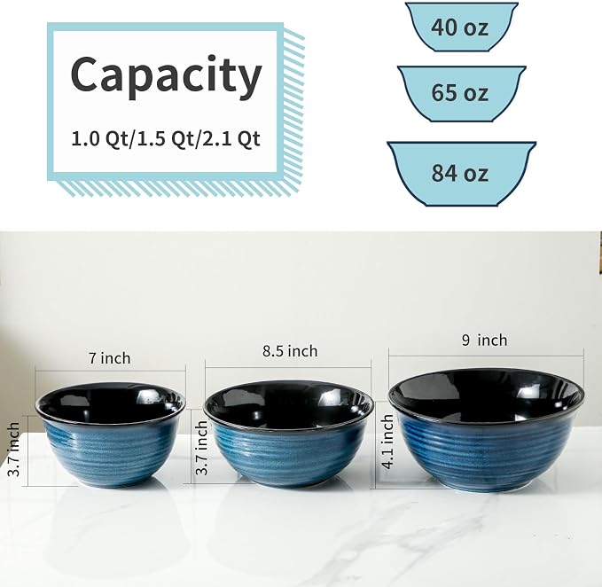 HASENSE Mixing Bowls, Ceramic Serving Bowls Set for Cooking, Baking, Prepping, Large Nesting Bowls for Salads, Fruit, Popcorn, 2.1/1.5/1.0 Qt, Dishwasher & Microwave Safe, Blue - Image 5