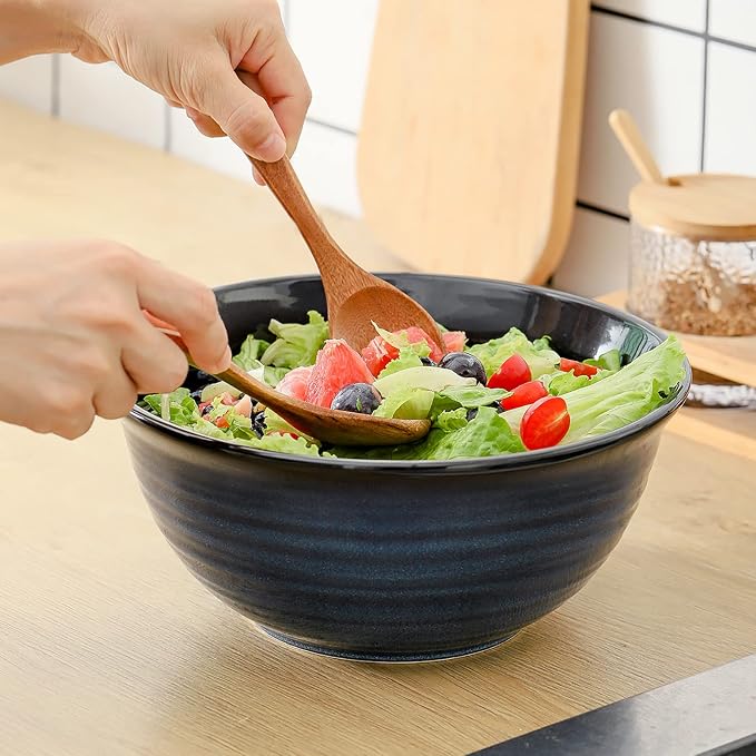 HASENSE Large Serving Bowls, 9 Inch Ceramic Salad Bowls, 84 oz Serving Dishes for Entertaining, Deep Bowl Set Perfect for Soup Pasta Pho Popcorn Fruit, Dishwasher Microwave Safe, Set of 2, Navy Blue - Image 5