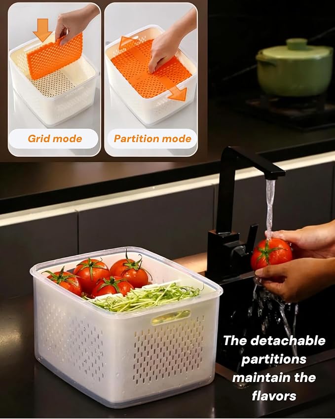 SnowSky 4PCS 2-in-1 Fruit & Veggie Fresh Box with Detachable Colander & Divider – Airtight Leak-Proof Fridge Storage Container with Lid for Berry, Meal Prep, Kitchen - Image 7