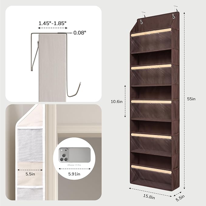 5 Tiers Natural Bamboo Over Door Organizer with 10 Mesh Side Pockets, 50 lbs Weight Capacity Hanging Storage Organizer with Clear Window Kids Toys, Shoes, Diapers, Dark Brown - Image 3