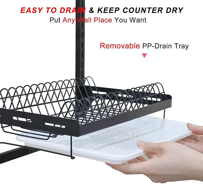 Hanging Dish Drying Rack, Wall Mounted Dish Rack Kitchen, 2 Tier Plate Organizer Wall Mount, Stainless Steel Dish Drainer Storage Shelf with Drainboard, Cutlery Holder, Black, Ajustable Height ( 16" ) - Image 5