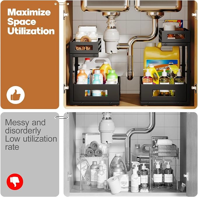 1-Pack Under Sink Organizers and Storage,2-Tier L Shape Pull Out Cabinet Organizer With Round Tube Slide Rails,Hight Adjustable Slide Out Drawers for Kitchen&Bathroom,Multi-Purpose Storage Shelf-Black - Image 5