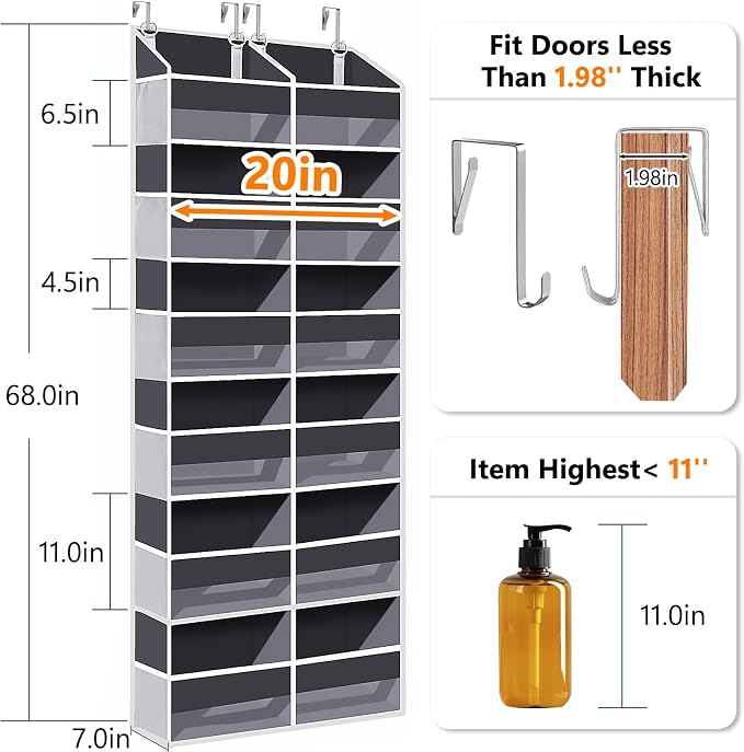 Heavy Duty Over The Door Organizer 6 Tiers, Extra Large Behind Door Storage of 12 Big Front & 12 Mesh Pockets, 80lb Weight Capacity, Hanging Doors Storage for Closet Bedroom Nursery, Gray - Image 2