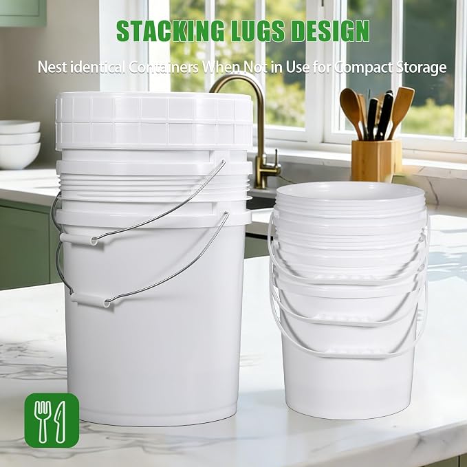 3 Pack 5 Gallon White Plastic Buckets with Lid & Metal Handle, 1 Pack 2.6 Gal Small Plastic Bucket with Spiral Lid & Handle Food Grade Storage Containers for Water, Cleaning, Halloween - Image 6