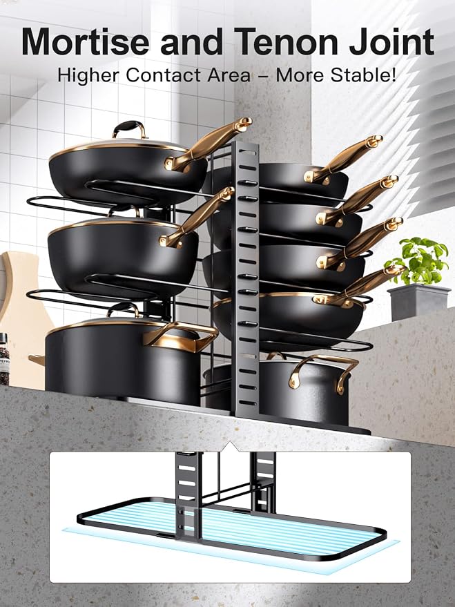 MUDEELA 8-Tier Adjustable Pot Organizer Racks with 3 DIY Methods and 12 Expandable Pans and Pots Organizer Rack Bundle - Image 4