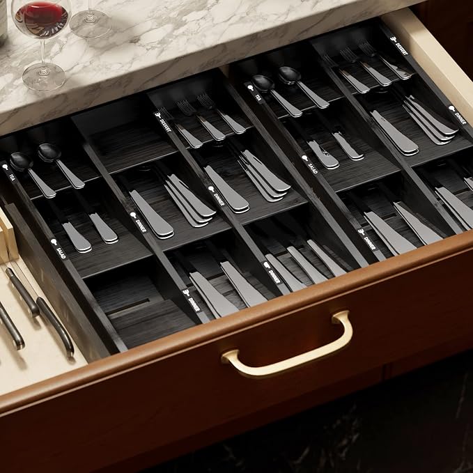 SpaceAid Bamboo Silverware Drawer Organizer with Labels, Kitchen Utensil Tray Holder Organizer for Flatware, Cutlery, Spoon and Knives Drawer Storage Organization (Black, 6 Slots) - Image 6