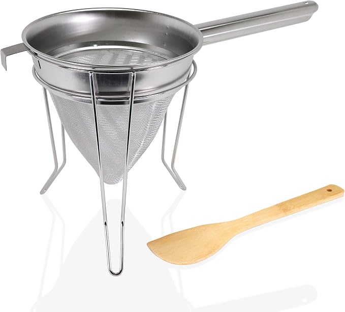 Anchy Premium 8" Chinois Fine Mesh Strainer Set with Stand & Bamboo Spatula – 18/8 Stainless Steel China Cap Cone Sieve, Professional Bouillon Strainer for Sauces, Soups, Broth, Stock, Jelly & Purees by Anchy