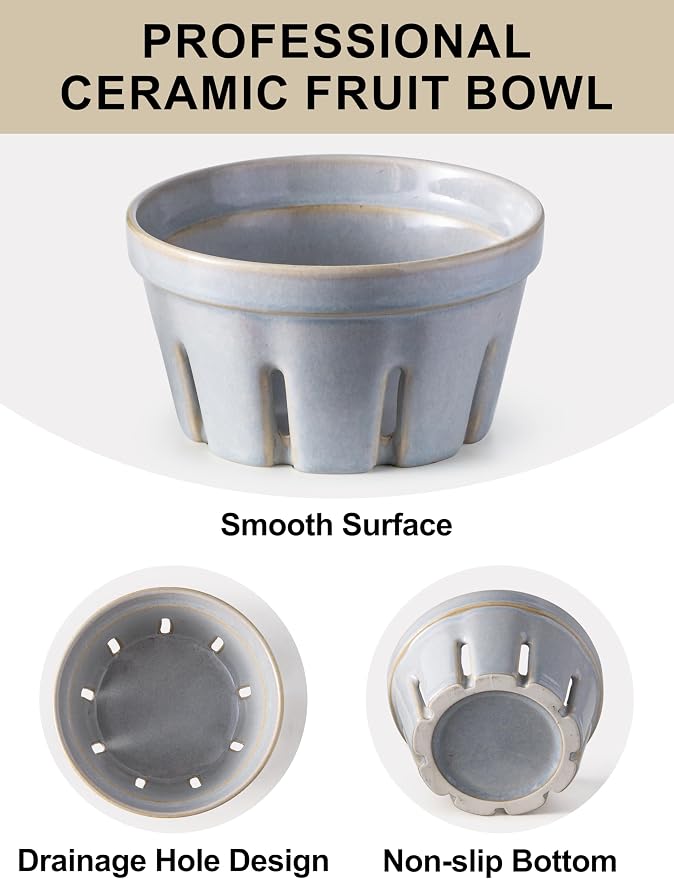 Gomakren Ceramic Berry Bowl Set of 2, Fruit Containers for Fridge, Gray | Drain Holes Keep Berries Fresh, Stackable, Wash & Serve | 5.8In Round Strawberry Grape Cherry Basket, Farmhouse Kitchen Decor - Image 3
