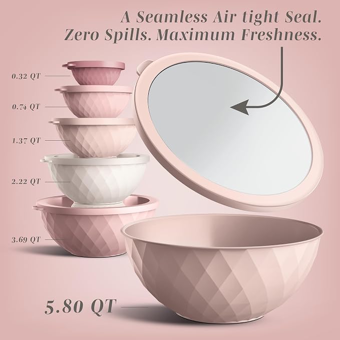 COOK WITH COLOR Mixing Bowls with Lids - 12 Piece Plastic Nesting Bowls Set includes 6 Prep Bowls and 6 Lids, Microwave Safe Mixing Bowl Set, Pink Diamond - Image 3