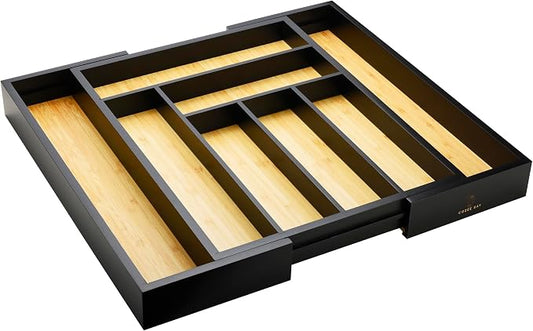 Bamboo drawer organizer, utensil holder, silverware organizer, and adjustable cutlery tray with drawer dividers, for kitchen, office desk, and bathroom storage (Black) by CozeeBay