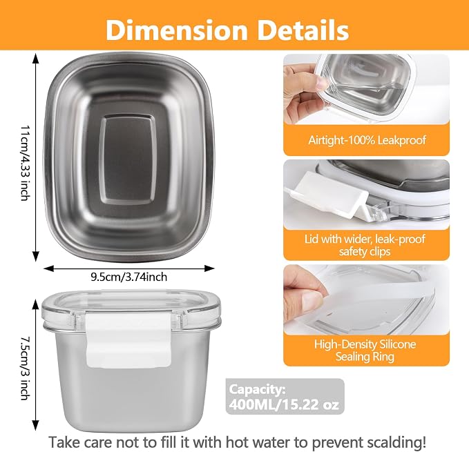 3 Pack Stainless Steel Food Storage Containers with Lids - 15.22 oz Small Snack Boxes & Lunch Containers, Shatterproof Leakproof Freezer Safe Meal Prep Containers for Portioning Snacks, Dips - Image 3