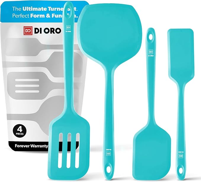 New DI ORO Silicone Turner Spatula Set - Kitchen Spatulas for Nonstick Cookware - Cooking Utensils for Flipping Eggs & Pancakes - 600°F Heat-Resistant BPA Free Turners - Dishwasher Safe (4pc, Teal) by DIORO