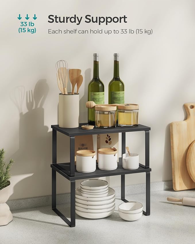 SONGMICS Cabinet Organizer Shelf, Set of 4 Kitchen Counter Shelves, Kitchen Storage, Spice Rack, Stackable, Expandable, Metal and Engineered Wood, Ink Black and Ebony Black UKCS027B01 - Image 5